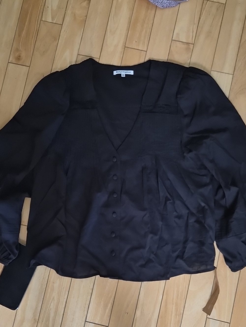 Reformation Black Button-Down V-Neck Blouse